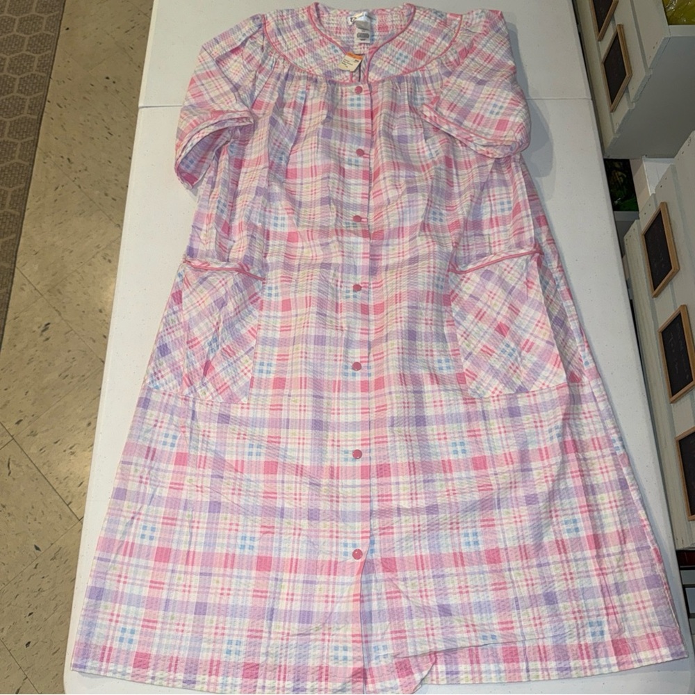 CLASSIC ELEMENTS Nightgown Womens Medium Pink Plaid Snap‎ Vintage New NWT
